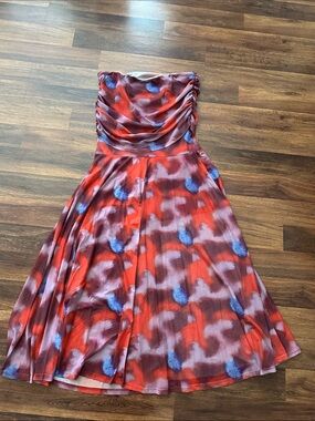 Strapless Red Patterned Fit-and-Flare Dress with Blue Accents